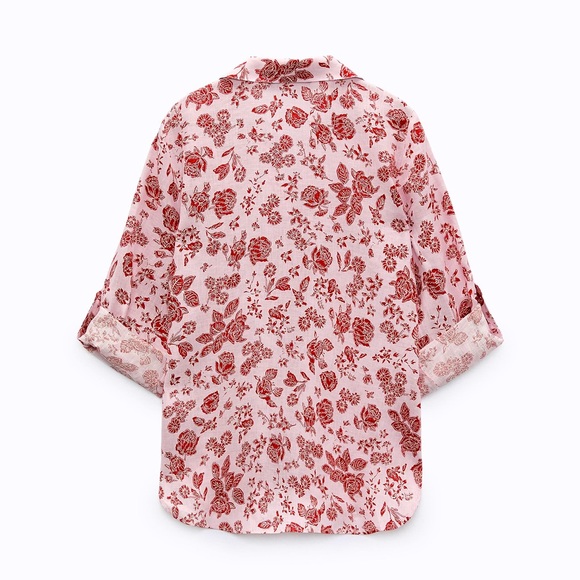 ZARA Pink & Red Hawaiian Floral Linen Shirt - Picture 7 of 8